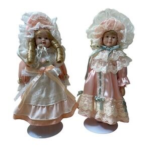 Vintage Porcelain Doll Set Victorian Style Pink Lace Heirloom‎ Collectible